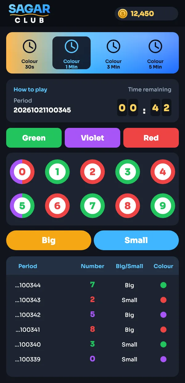 Sagar Club colour prediction game screen with Green, Violet, Red and numbers 0–9