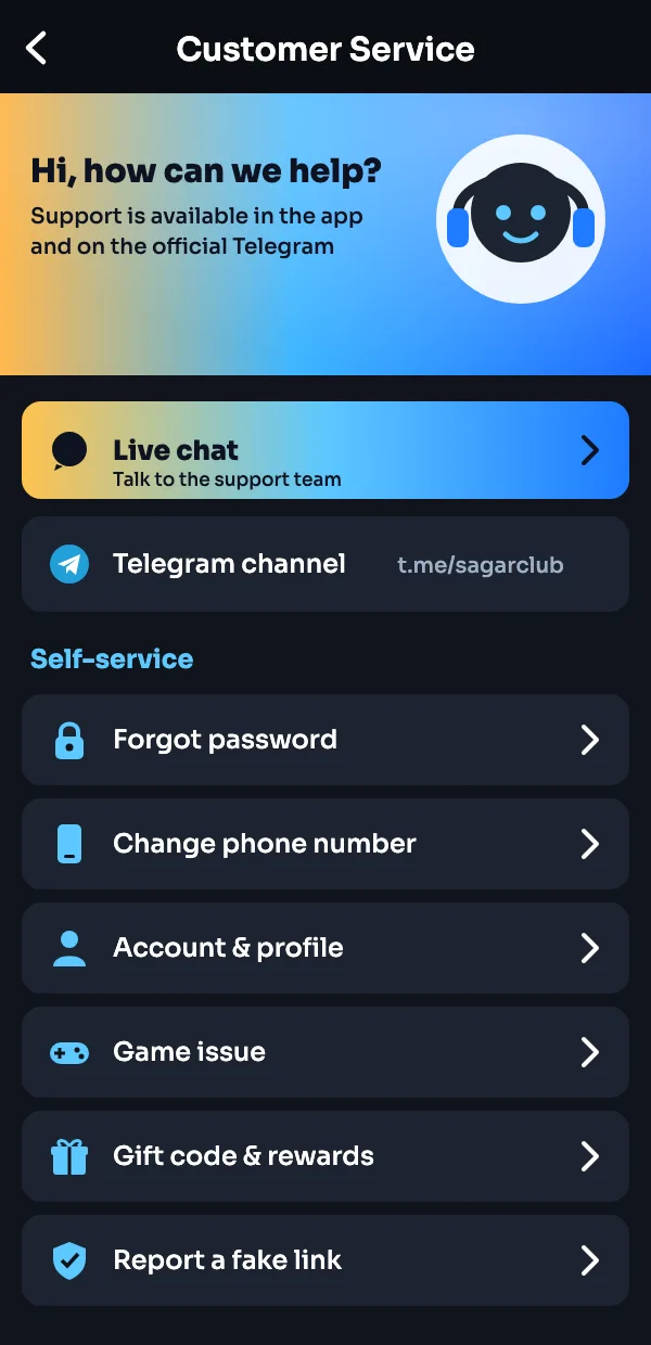 Sagar Club customer service screen